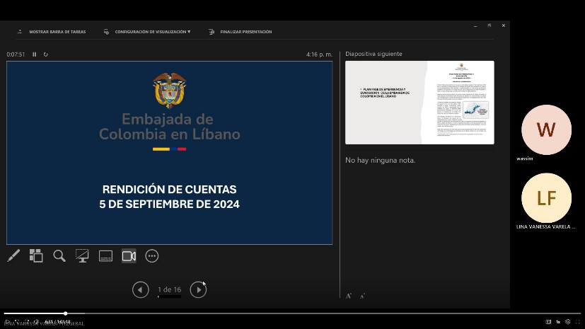 Asistentes virtuales a la rendición de cuentas realizada por la Embajada de Colombia en el Líbano y su sección consular